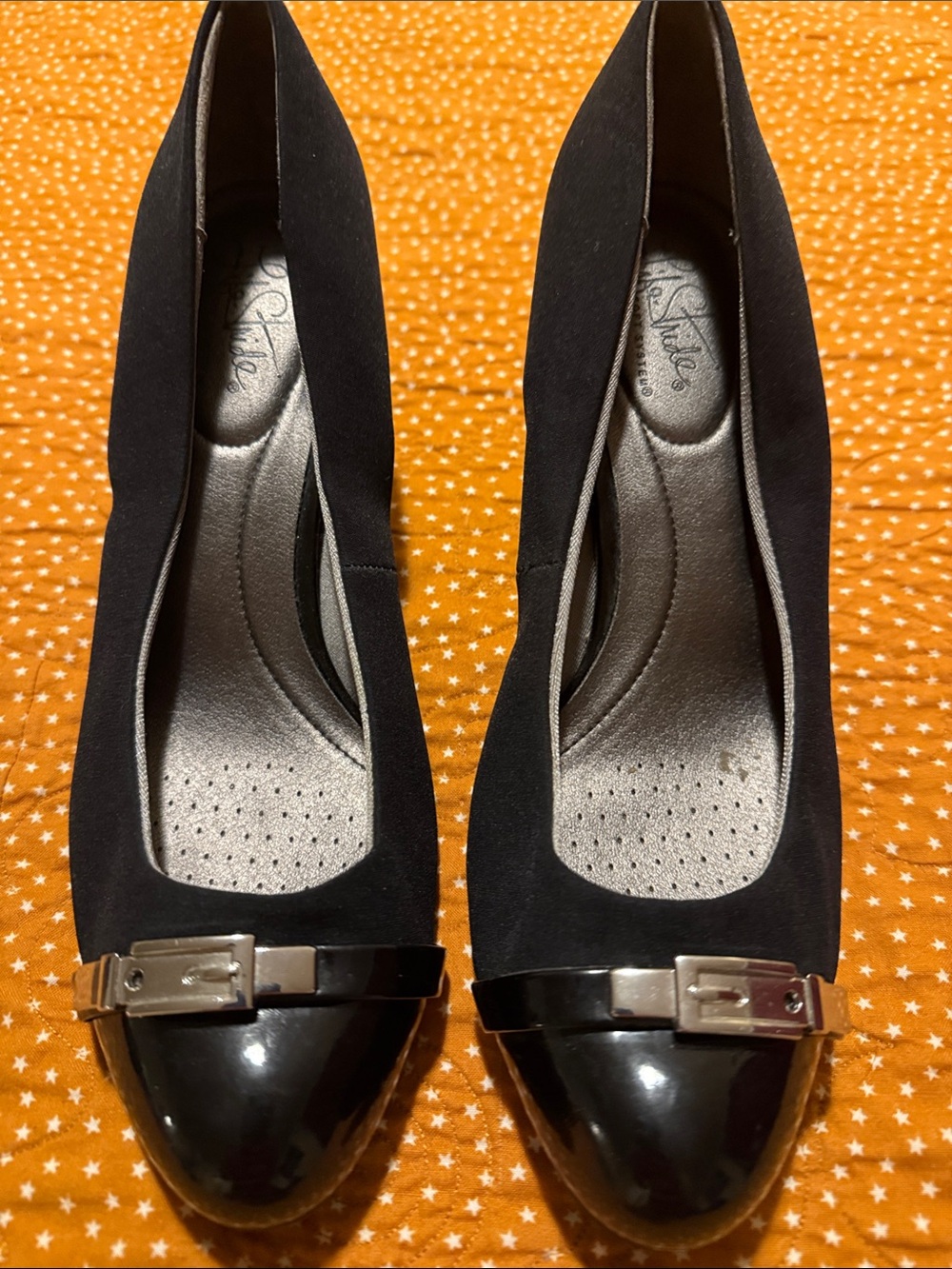 Life Stride Black Suede Pumps with Patent Cap Toe and Silver Buckle